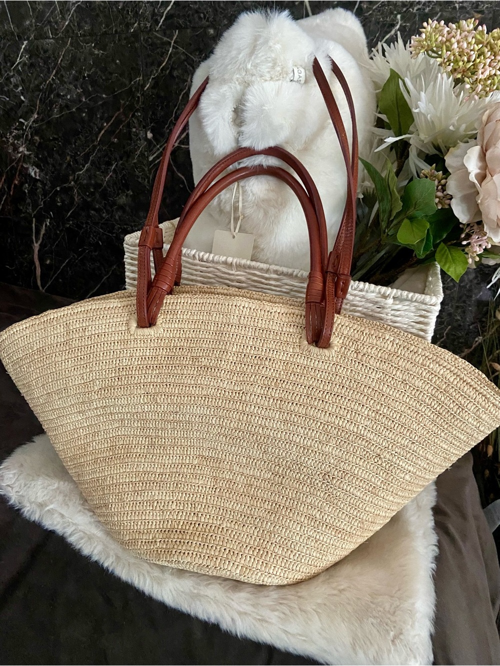 SEZANE Justine Raffia Basket Bag With Leather Handles ⚜️ - Picture 4 of 12